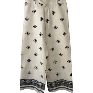 Ellie Tahari Cream Wide Leg crop Pants with Black Embroidered Motif Linen Blend
